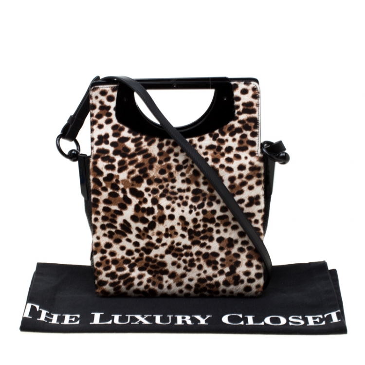 Pre Owned Christian Louboutin Beige/Black Leopard Print Calfhair and Leather Passage Shoulder Bag