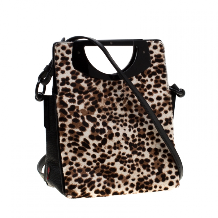 Pre Owned Christian Louboutin Beige/Black Leopard Print Calfhair and Leather Passage Shoulder Bag