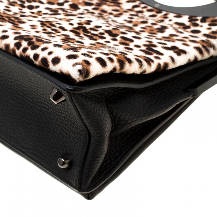 Pre Owned Christian Louboutin Beige/Black Leopard Print Calfhair and Leather Passage Shoulder Bag