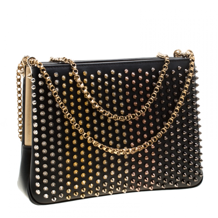 Pre Owned Christian Louboutin Black Leather Large Triloubi Spiked Shoulder Bag