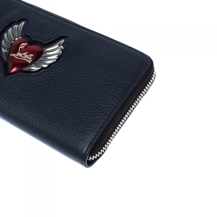 Pre Owned Christian Louboutin Navy Blue Winged Heart Leather Zip Around Wallet
