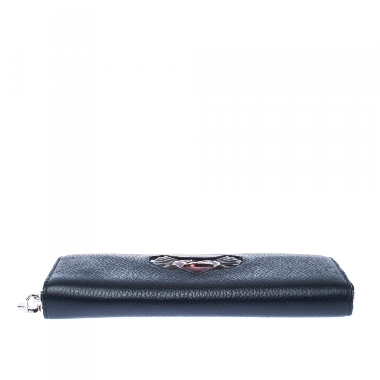 Pre Owned Christian Louboutin Navy Blue Winged Heart Leather Zip Around Wallet