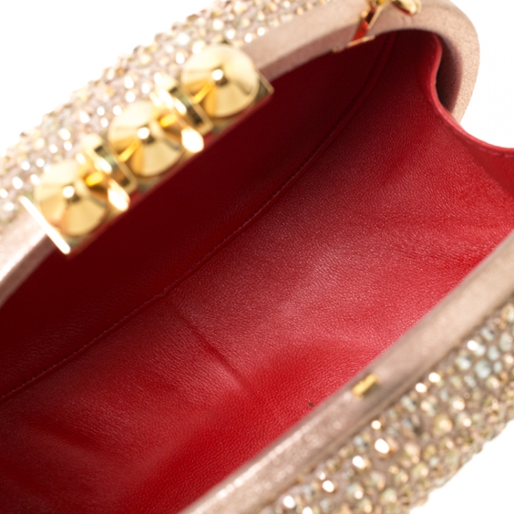 Pre Owned Christian Louboutin Beige Metallic Crystal Embellished Nubuck Leather Mina Chain Clutch