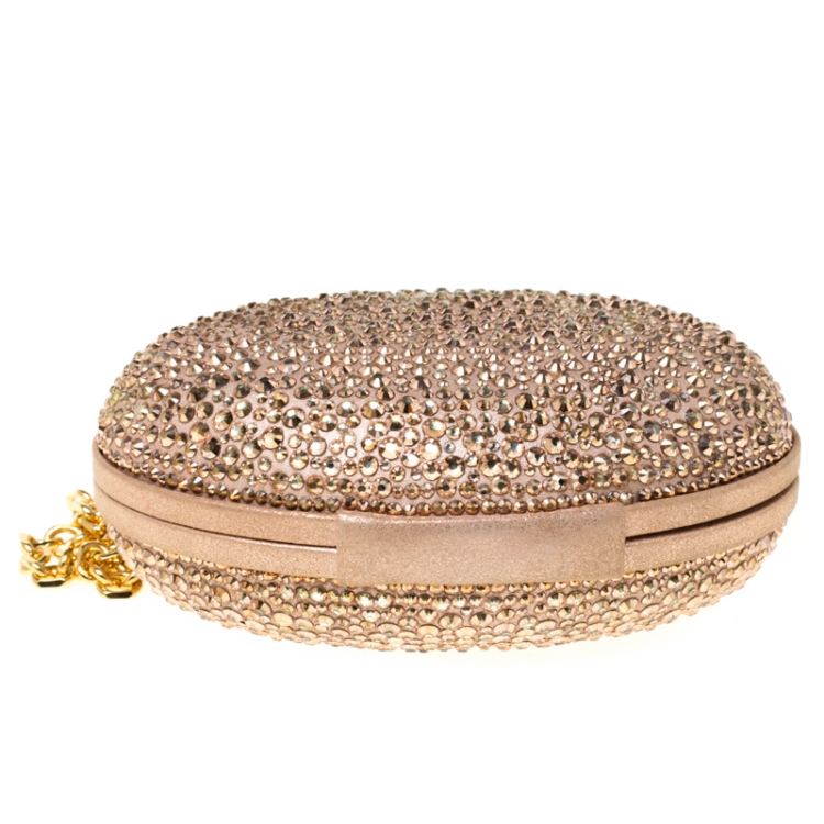 Pre Owned Christian Louboutin Beige Metallic Crystal Embellished Nubuck Leather Mina Chain Clutch