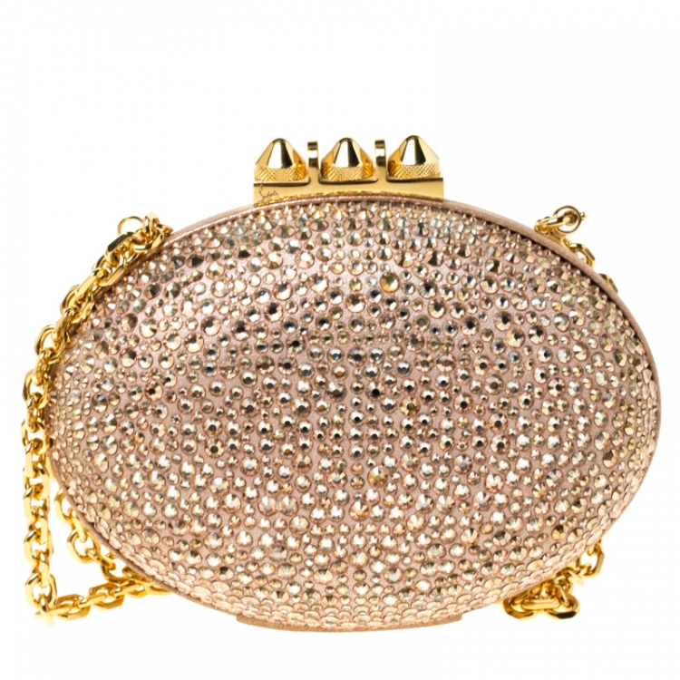 Pre Owned Christian Louboutin Beige Metallic Crystal Embellished Nubuck Leather Mina Chain Clutch