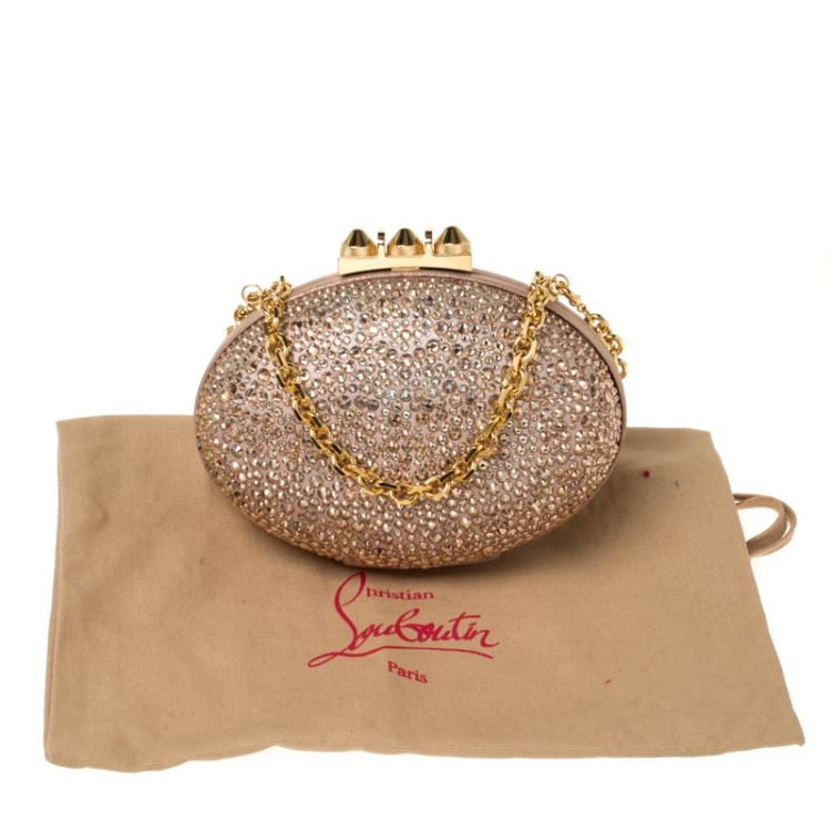 Pre Owned Christian Louboutin Beige Metallic Crystal Embellished Nubuck Leather Mina Chain Clutch