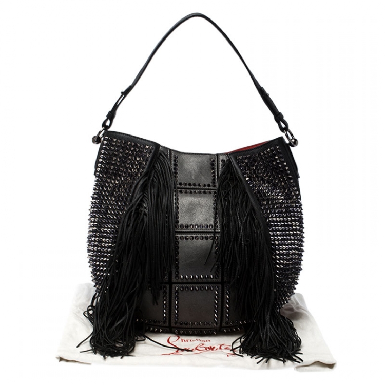 Pre Owned Christian Louboutin Black Spiked Leather Lucky L Fringe Hobo