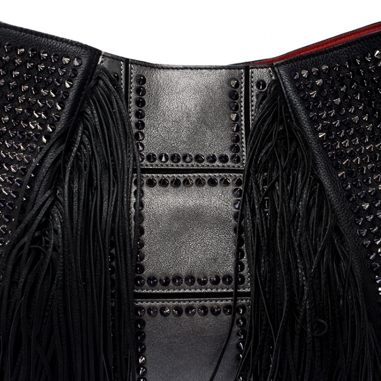 Pre Owned Christian Louboutin Black Spiked Leather Lucky L Fringe Hobo