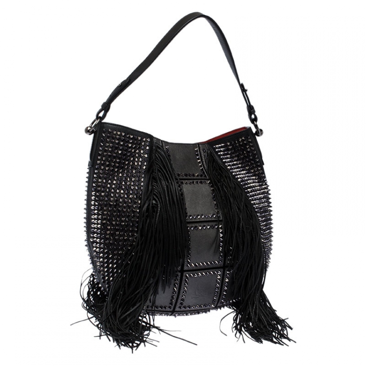 Pre Owned Christian Louboutin Black Spiked Leather Lucky L Fringe Hobo