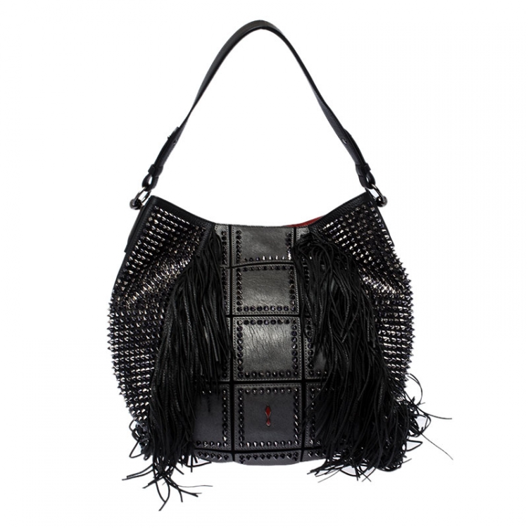 Pre Owned Christian Louboutin Black Spiked Leather Lucky L Fringe Hobo