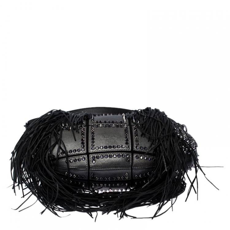 Pre Owned Christian Louboutin Black Spiked Leather Lucky L Fringe Hobo
