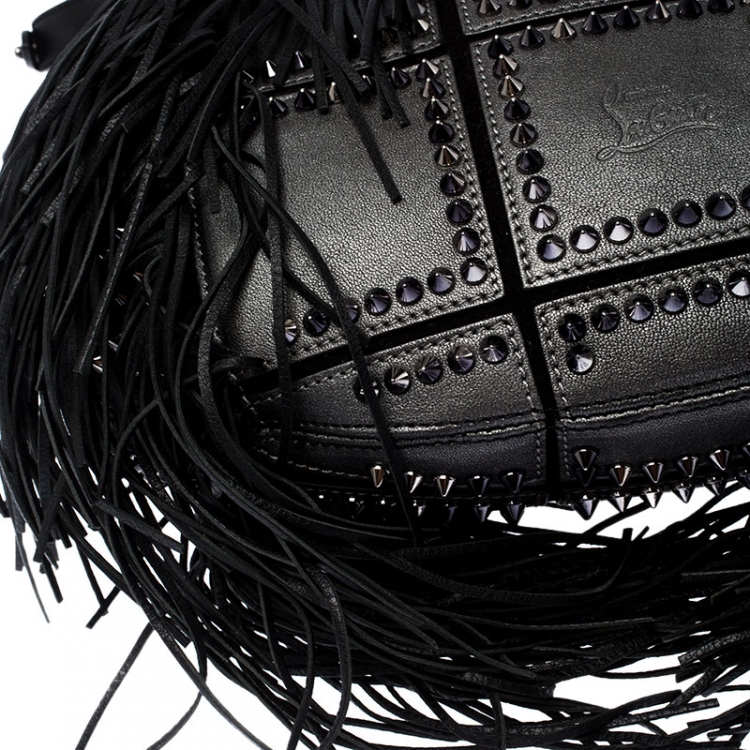 Pre Owned Christian Louboutin Black Spiked Leather Lucky L Fringe Hobo