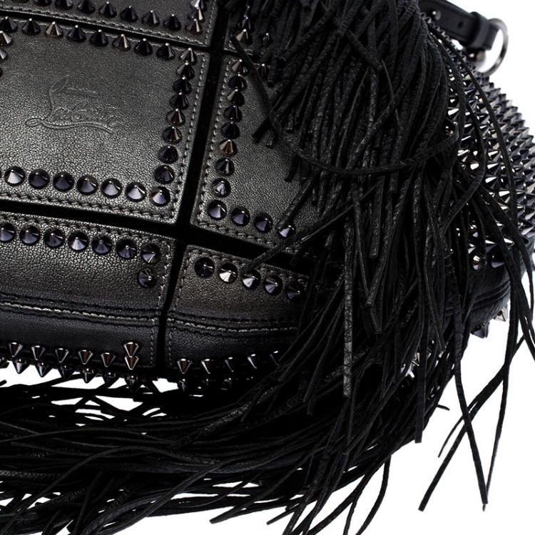 Pre Owned Christian Louboutin Black Spiked Leather Lucky L Fringe Hobo