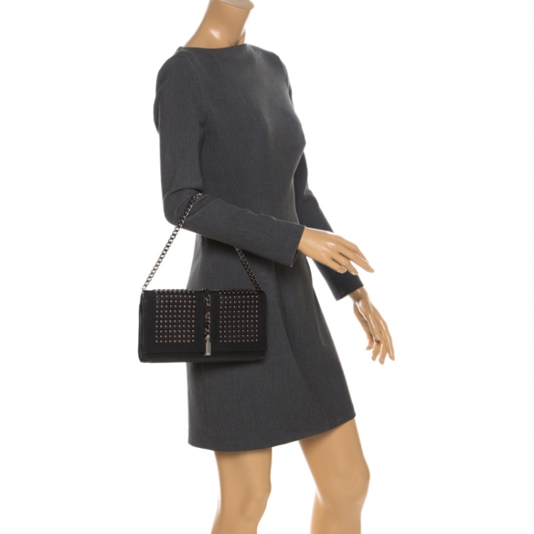 Pre Owned Christian Louboutin Black Leather Studded Chain Clutch 