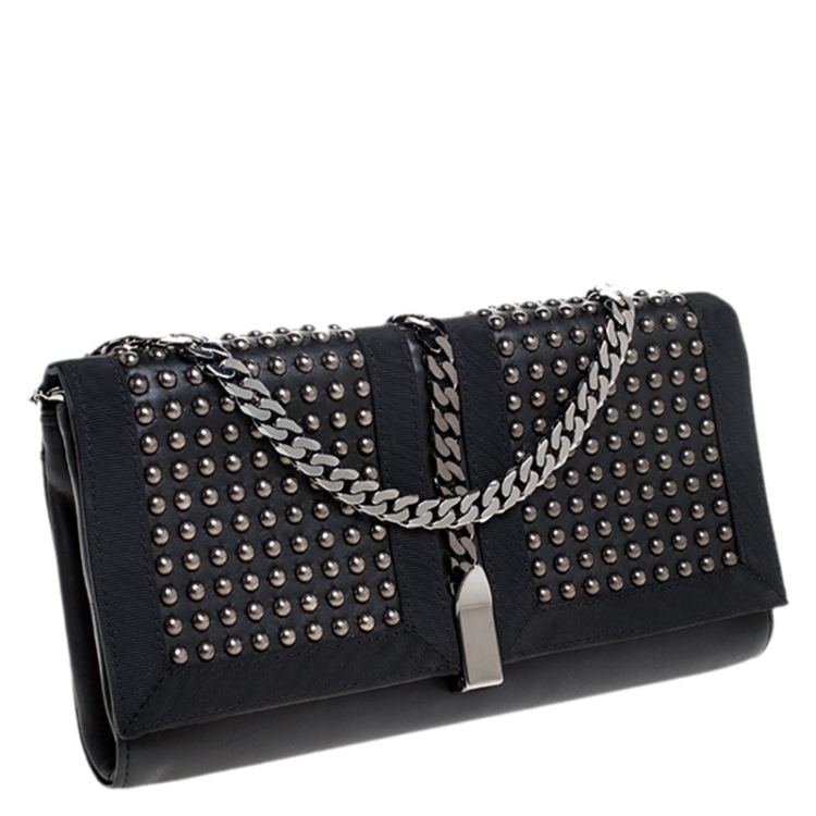 Pre Owned Christian Louboutin Black Leather Studded Chain Clutch 