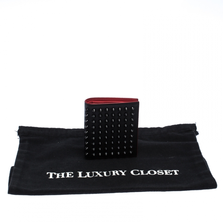 Pre Owned Christian Louboutin Black/Red Leather Clipsos Studded Bifold Wallet