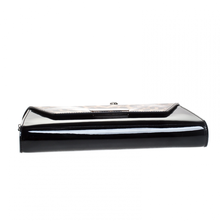 Pre Owned Christian Louboutin Black Leopard Patent Leather Vero Dodat Chain Clutch
