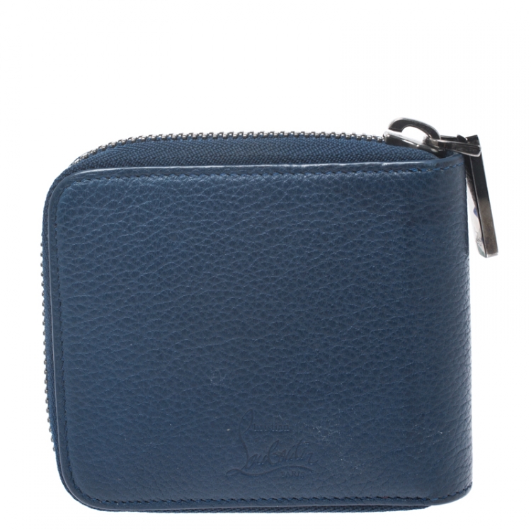 Pre Owned Christian Louboutin Blue Leather Spiked Zip Around Wallet