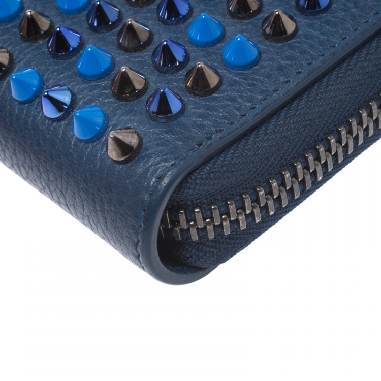 Pre Owned Christian Louboutin Blue Leather Spiked Zip Around Wallet