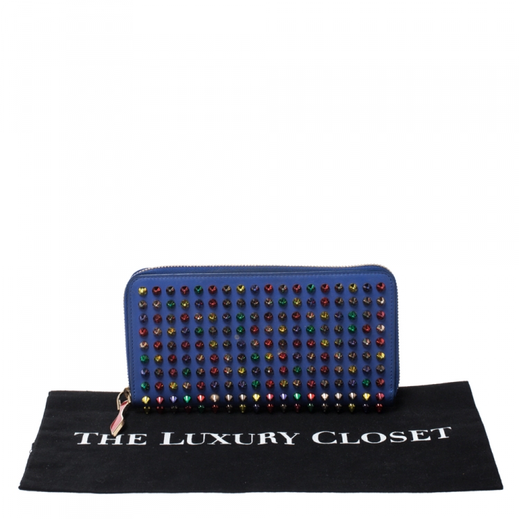 Pre Owned Christian Louboutin Blue Leather Panettone Spikes  Zip Around Wallet
