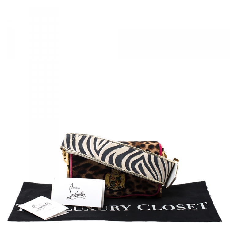 Pre Owned Christian Louboutin Leopard Pony Hair and Leather Small Carrie Ecusson Crossbody Bag