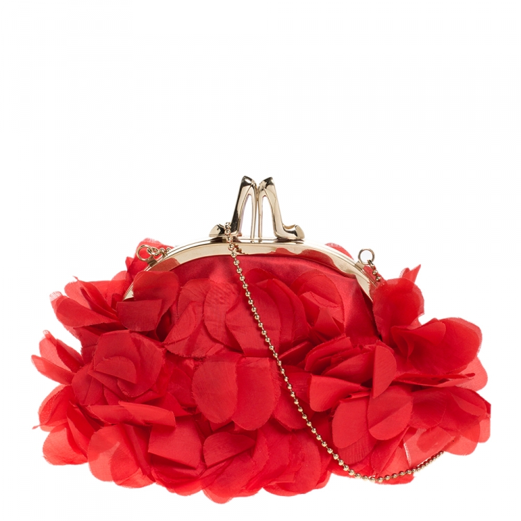 Pre Owned Christian Louboutin Red Satin Mount Street Chain Clutch
