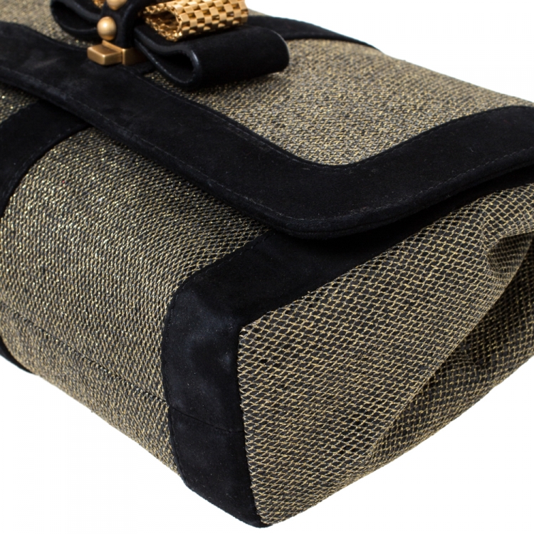 Pre Owned Christian Louboutin Black/Gold Suede and Glitter Lame Fabric Sweet Charity  Shoulder Bag