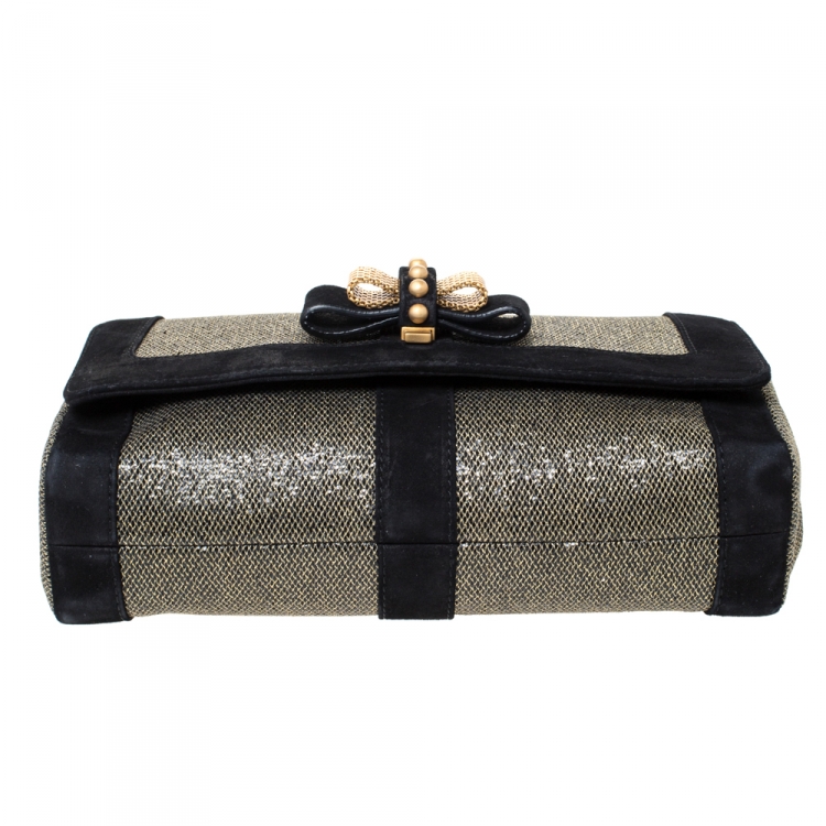 Pre Owned Christian Louboutin Black/Gold Suede and Glitter Lame Fabric Sweet Charity  Shoulder Bag