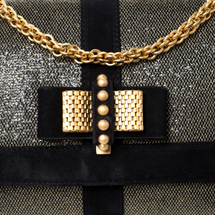 Pre Owned Christian Louboutin Black/Gold Suede and Glitter Lame Fabric Sweet Charity  Shoulder Bag