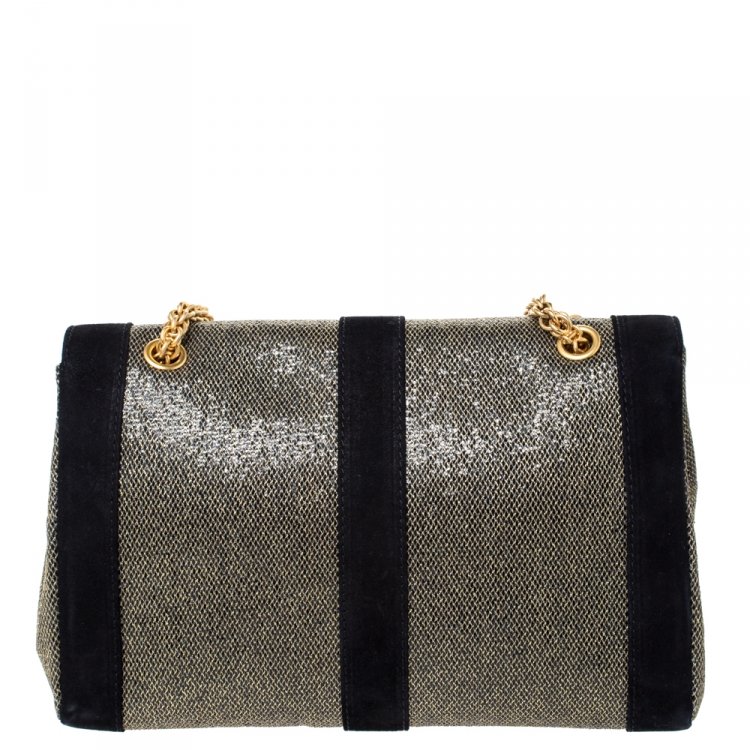 Pre Owned Christian Louboutin Black/Gold Suede and Glitter Lame Fabric Sweet Charity  Shoulder Bag