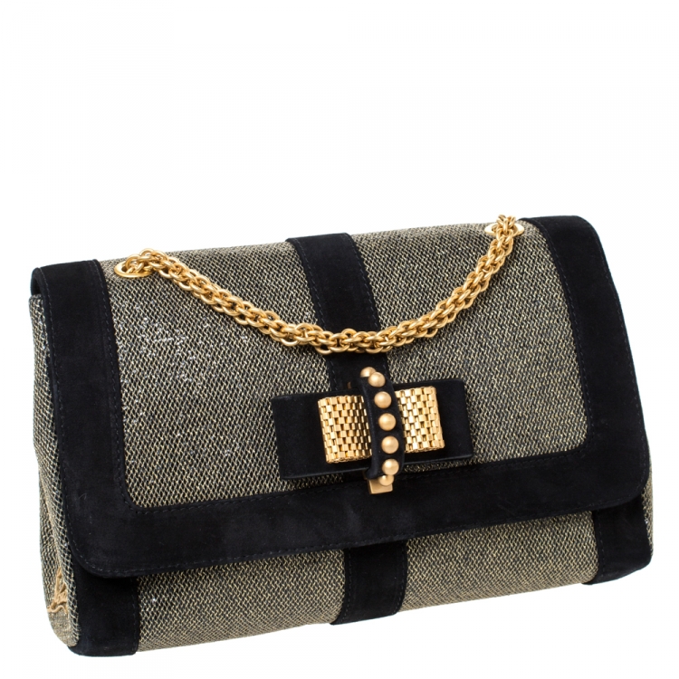 Pre Owned Christian Louboutin Black/Gold Suede and Glitter Lame Fabric Sweet Charity  Shoulder Bag