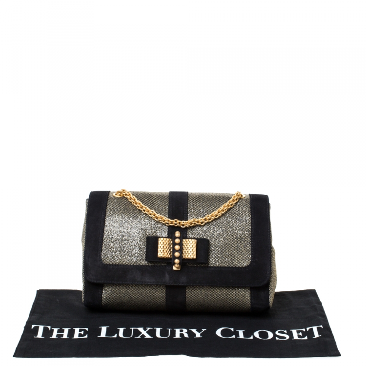 Pre Owned Christian Louboutin Black/Gold Suede and Glitter Lame Fabric Sweet Charity  Shoulder Bag