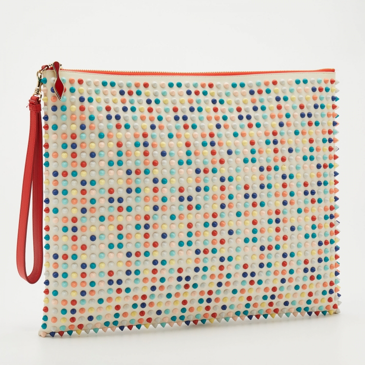 Pre Owned Christian Louboutin White Leather Loubiposh Multicolor Spiked Wristlet Clutch