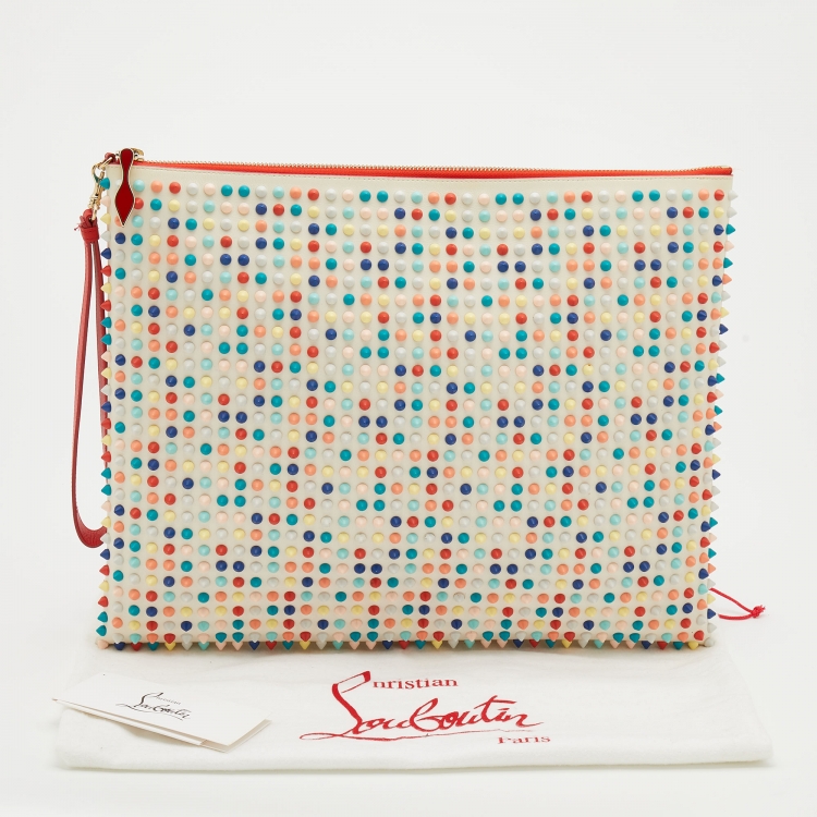 Pre Owned Christian Louboutin White Leather Loubiposh Multicolor Spiked Wristlet Clutch