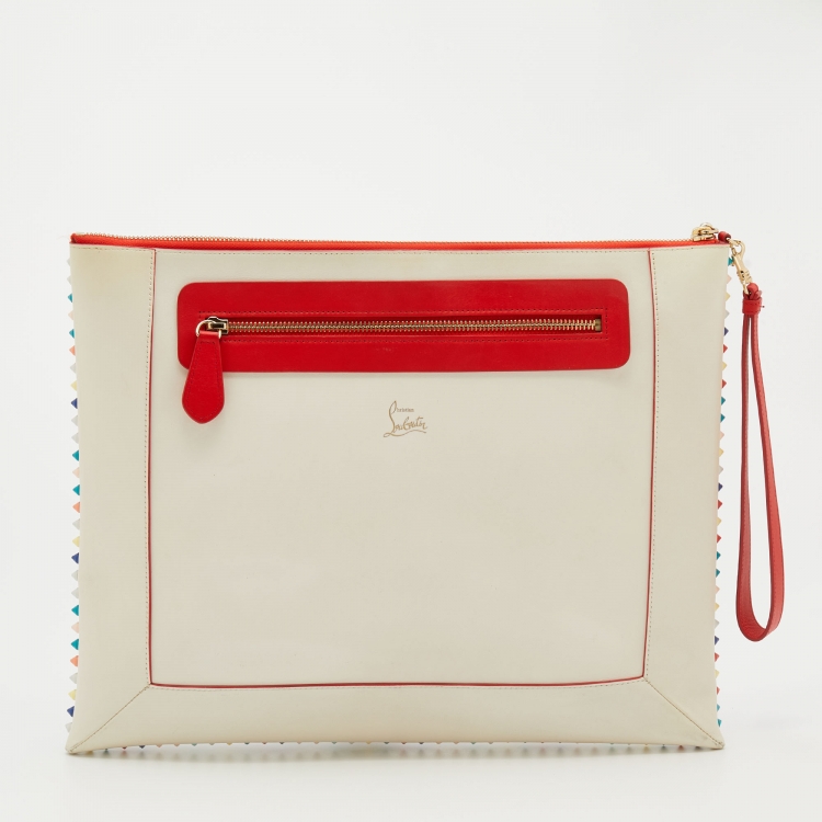 Pre Owned Christian Louboutin White Leather Loubiposh Multicolor Spiked Wristlet Clutch
