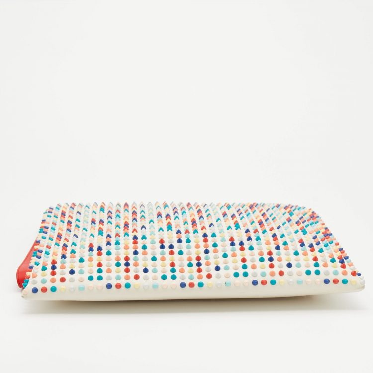 Pre Owned Christian Louboutin White Leather Loubiposh Multicolor Spiked Wristlet Clutch