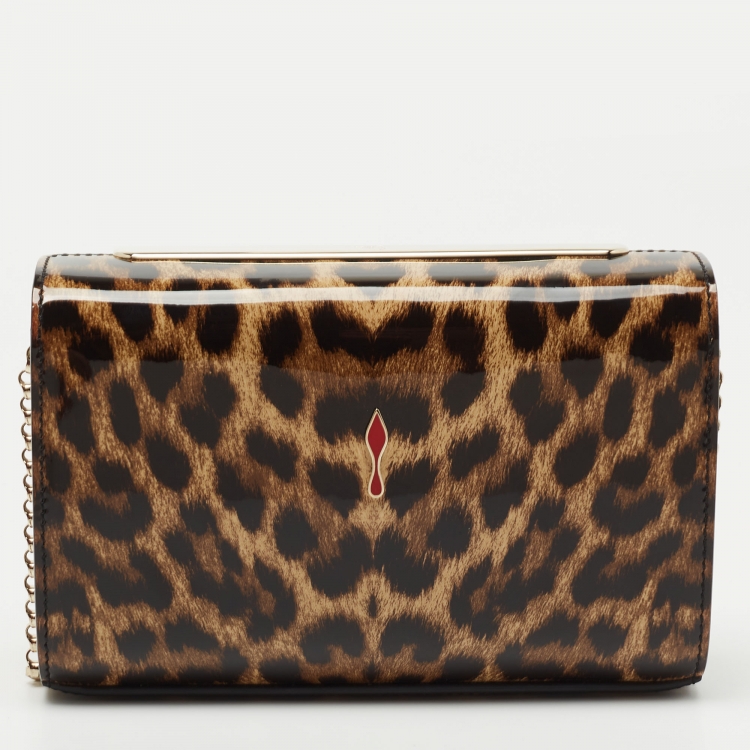 Pre Owned Christian Louboutin Brown  Leopard Print Patent Leather Vanite Clutch 