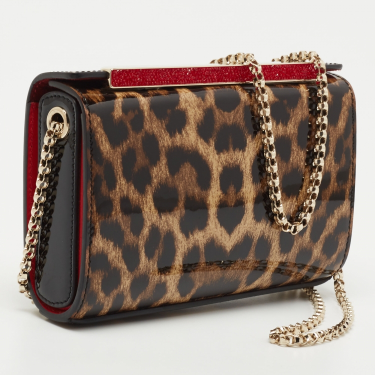 Pre Owned Christian Louboutin Brown  Leopard Print Patent Leather Vanite Clutch 