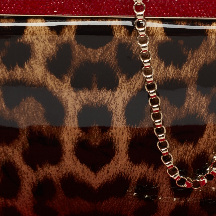 Pre Owned Christian Louboutin Brown  Leopard Print Patent Leather Vanite Clutch 