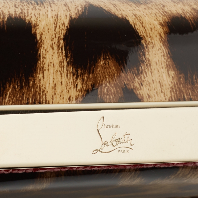 Pre Owned Christian Louboutin Brown  Leopard Print Patent Leather Vanite Clutch 