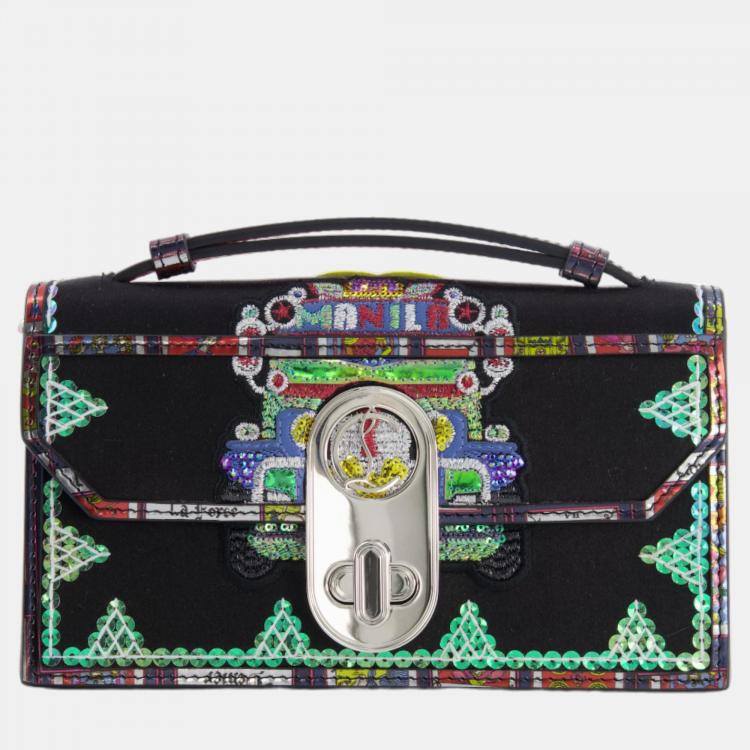 Pre Owned Christian Louboutin Black Sequin Embellished Top Handle Bag with Silver Hardware