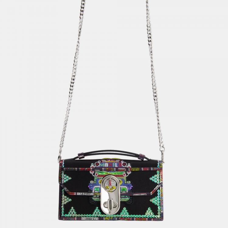 Pre Owned Christian Louboutin Black Sequin Embellished Top Handle Bag with Silver Hardware