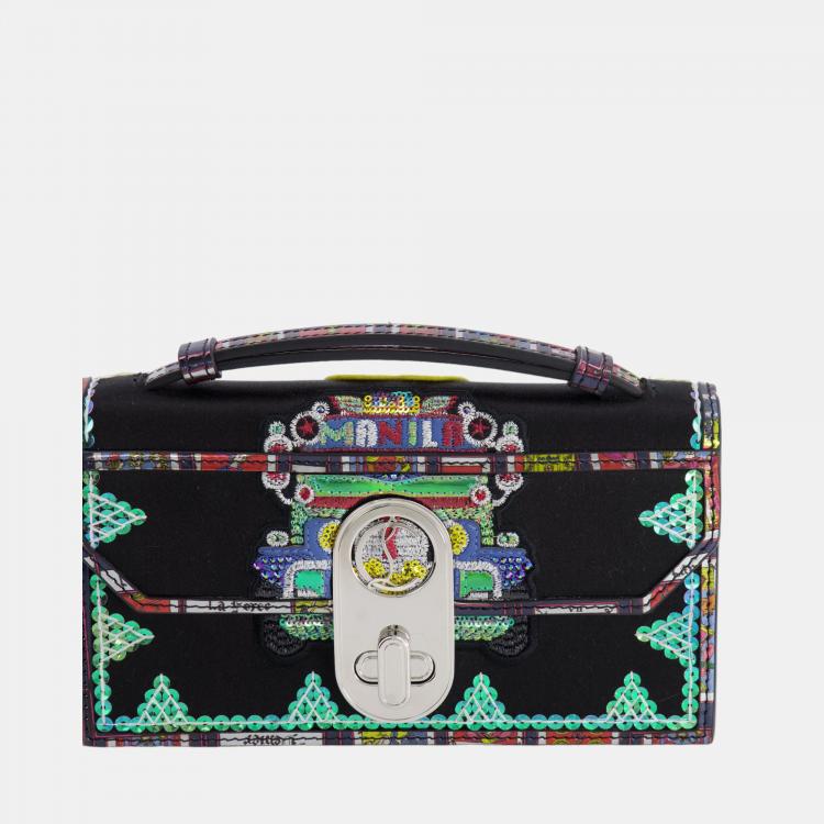 Pre Owned Christian Louboutin Black Sequin Embellished Top Handle Bag with Silver Hardware