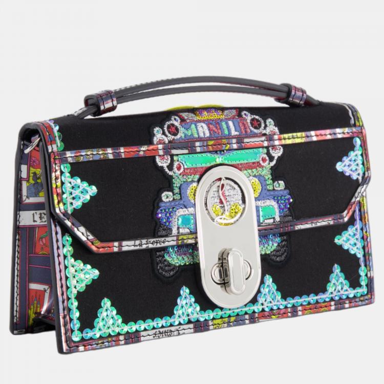 Pre Owned Christian Louboutin Black Sequin Embellished Top Handle Bag with Silver Hardware