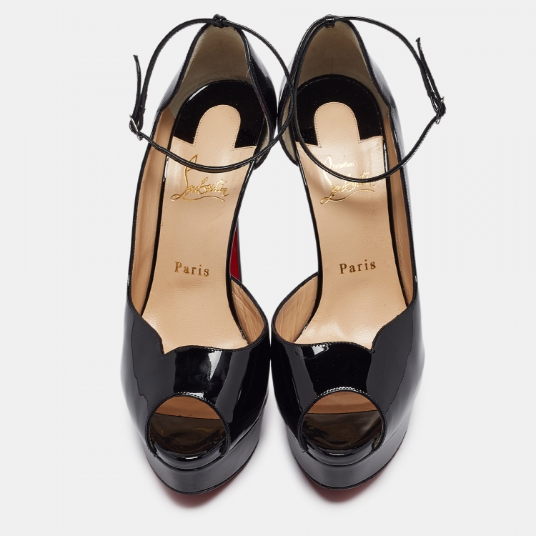 Pre Owned Christian Louboutin Black Patent Leather Round Chick Alta Pumps Size 39