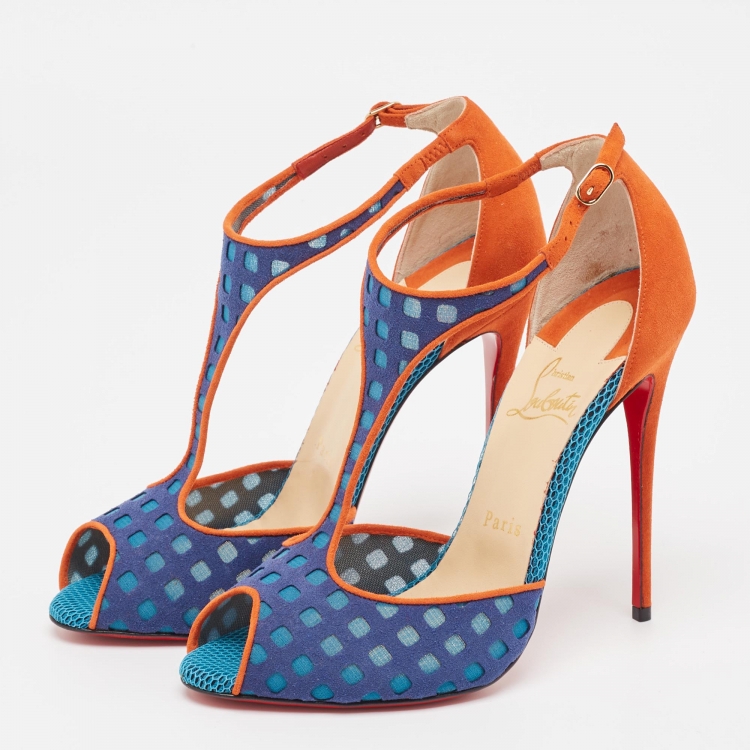 Pre Owned Christian Louboutin Multicolor Suede and Mesh Tiny Sandals Size 38.5