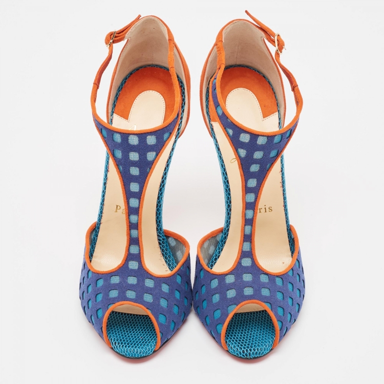 Pre Owned Christian Louboutin Multicolor Suede and Mesh Tiny Sandals Size 38.5