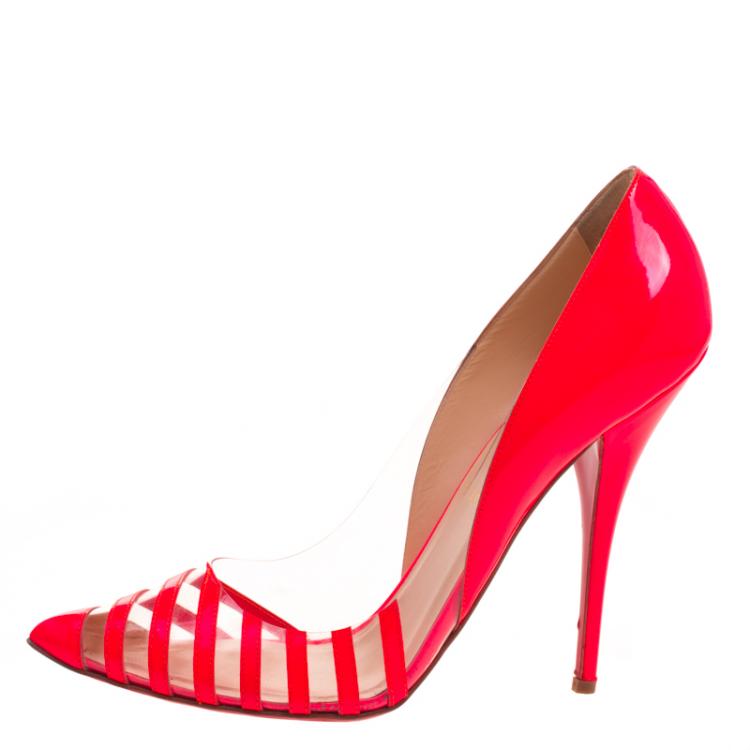 Pre Owned Christian Louboutin Fluorecent Pink Patent Leather and PVC Pivichic Pumps Size 40.5