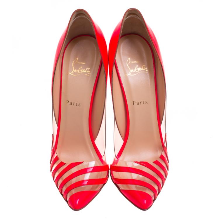 Pre Owned Christian Louboutin Fluorecent Pink Patent Leather and PVC Pivichic Pumps Size 40.5