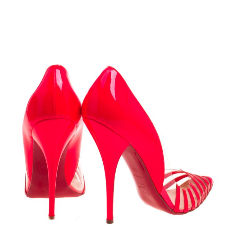Pre Owned Christian Louboutin Fluorecent Pink Patent Leather and PVC Pivichic Pumps Size 40.5